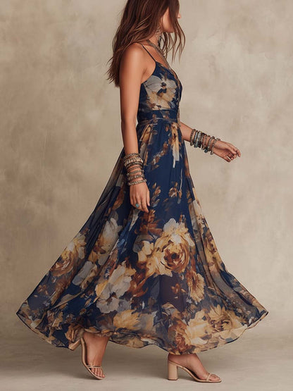 Vestido Maxi de Chifón Floral de Tirantes Espagueti en Azul Marino