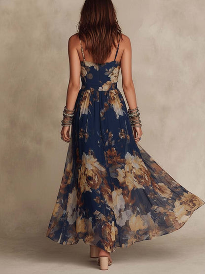 Vestido Maxi de Chifón Floral de Tirantes Espagueti en Azul Marino