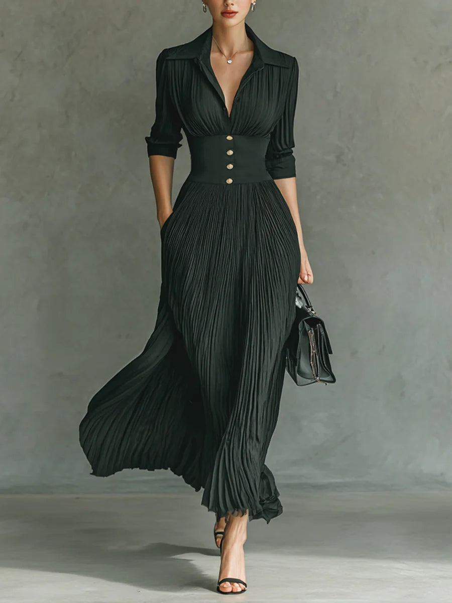 Elvira - Vestido largo plisado con solapa y cintura alta