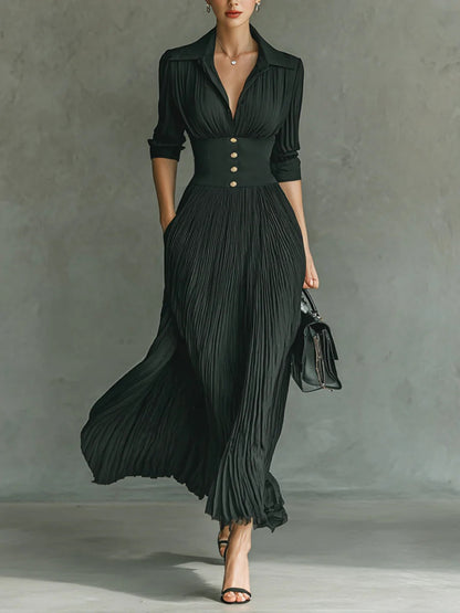 Elvira - Vestido largo plisado con solapa y cintura alta
