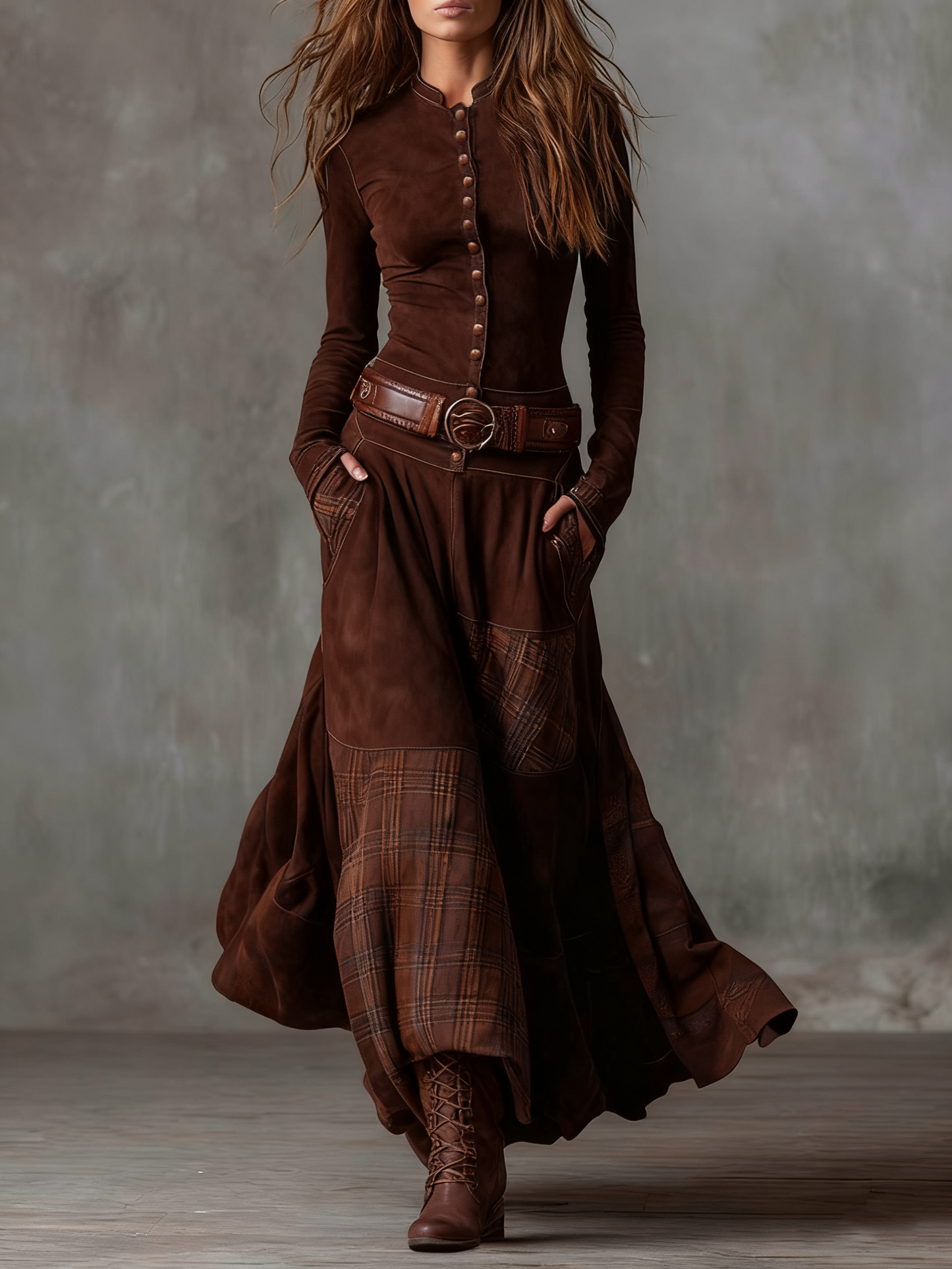 Elisa - Vestido maxi de ante con cinturón