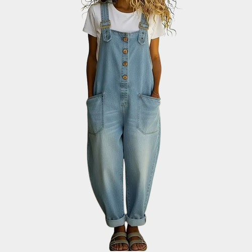 Mara - Pantalones de tirantes de algodón suave vintage con aspecto de denim y tirantes ajustables