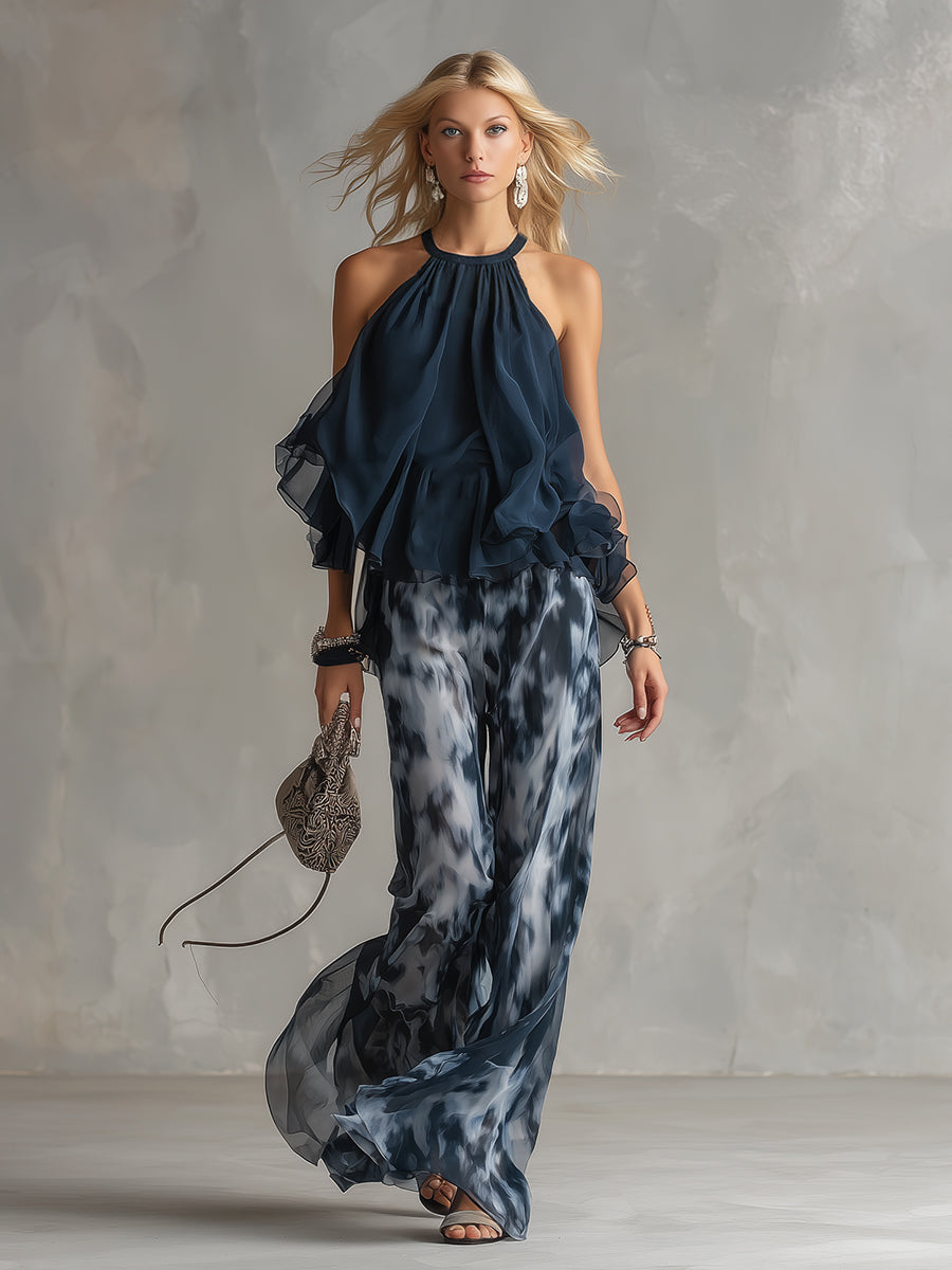 Ludovica – Conjunto de gasa elegante con top de cuello alto y pantalones anchos estampados • S1
