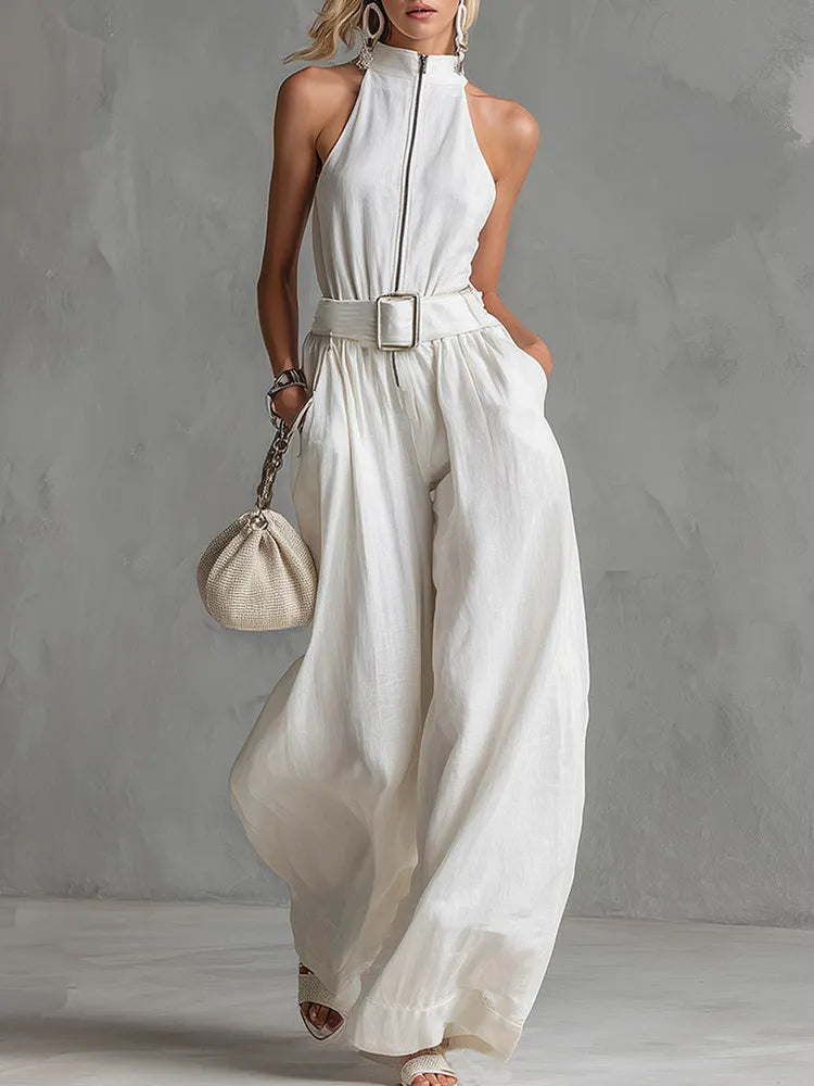 Jumpsuit Elegante de Ciudad – Con Cinturón, Sin Mangas, Corte de Pierna Ancha • S1