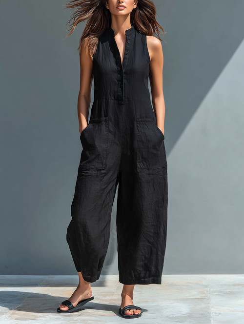 Claudia - Mono minimalista de lino para mujer, sin mangas, cuello alto y botones