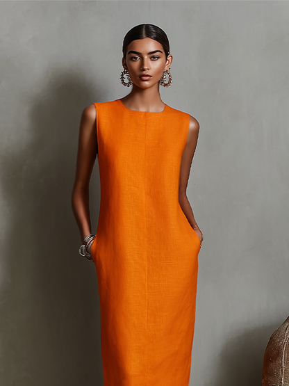 Vestido de Lino Naranja para Mujer con Cuello Redondo Sin Mangas y Bolsillos Laterales, Estilo Minimalista-Elegante Atemporal