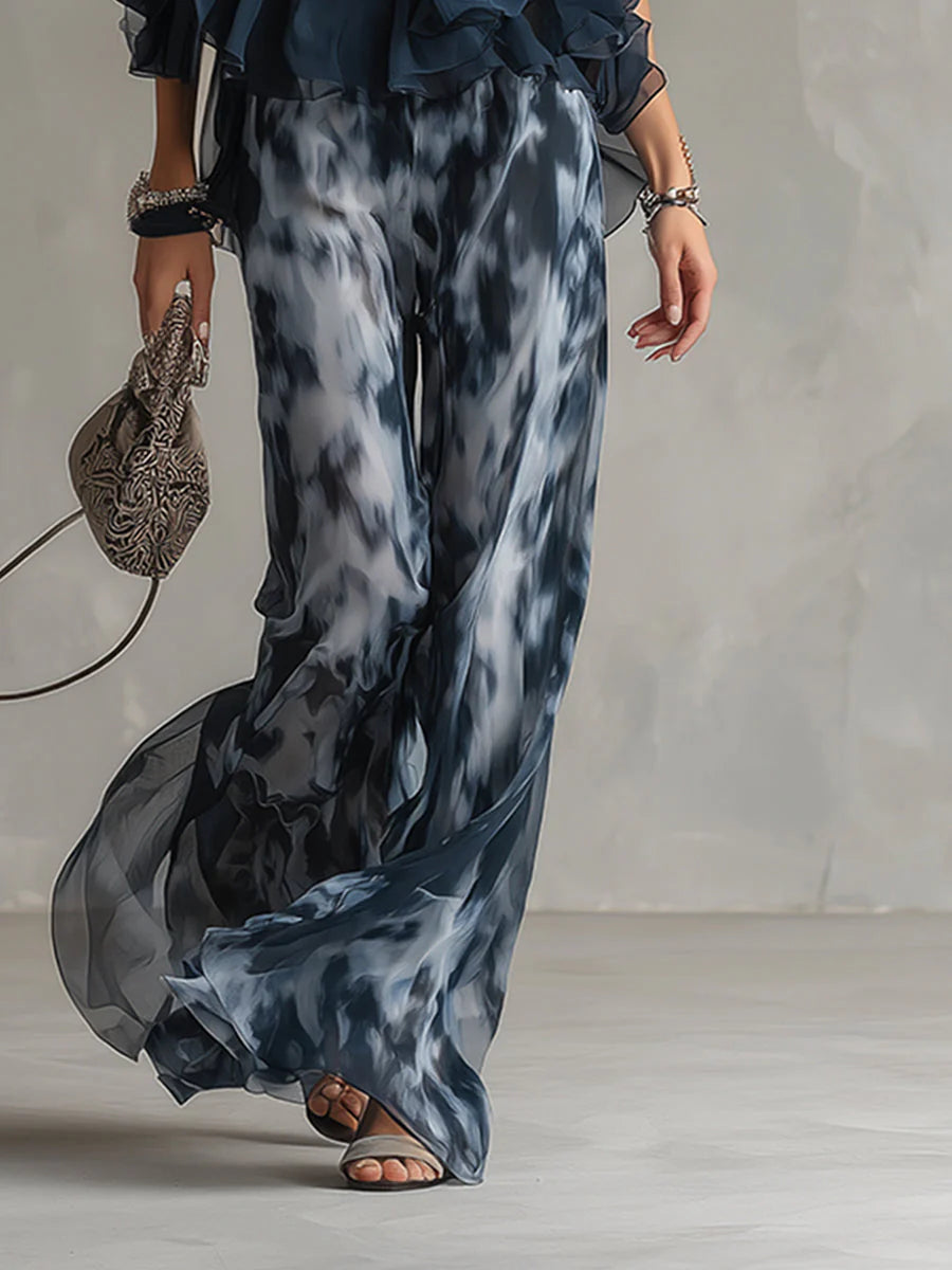 Ludovica - elegante vestido de gasa con corpiño de cuello alto y pantalón ancho estampado