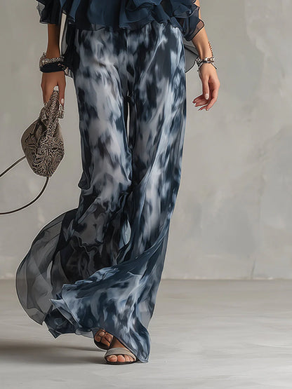 Ludovica - elegante vestido de gasa con corpiño de cuello alto y pantalón ancho estampado