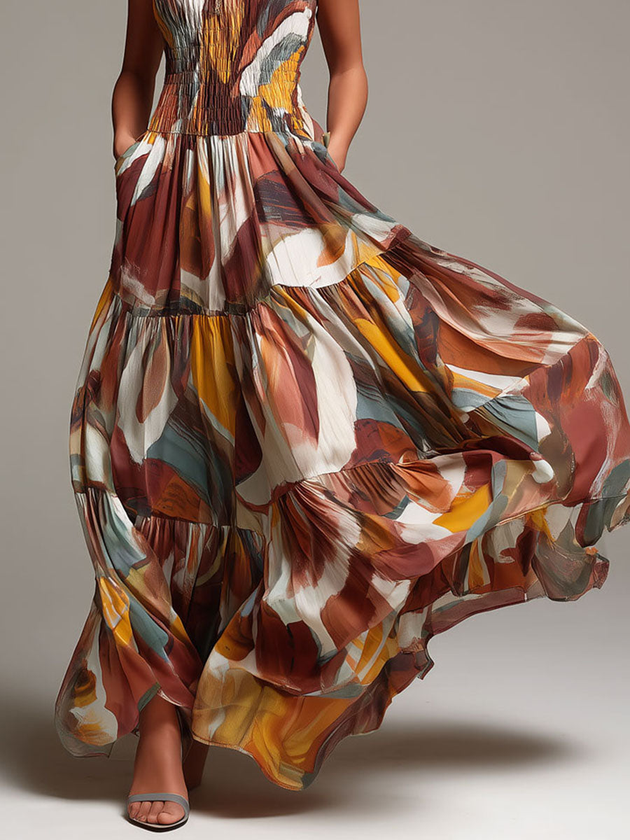 Vestido Maxi de Cuerpo Fruncido Multicolor Abstracto Boho