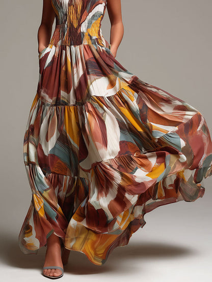 Vestido Maxi de Cuerpo Fruncido Multicolor Abstracto Boho