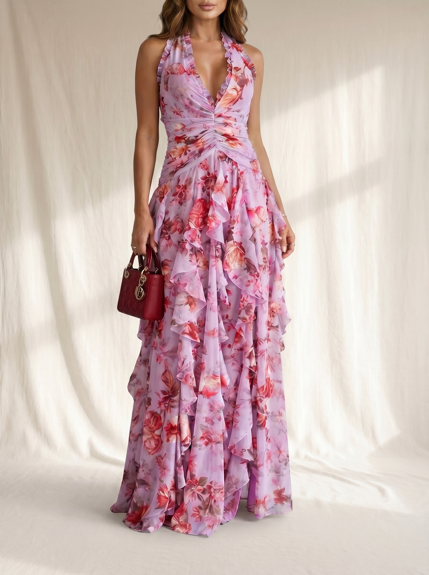Belladina | Romántica Cascada de Rosas Vestido Largo con Escote Americano