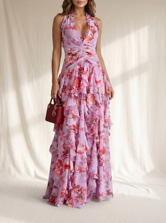 Belladina | Romántica Cascada de Rosas Vestido Largo con Escote Americano
