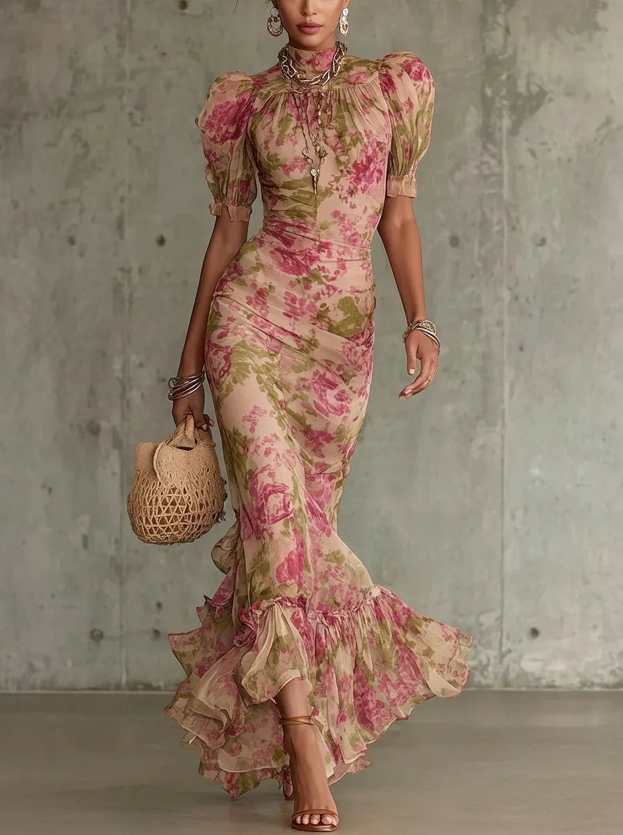 Giulia - Vestido largo con estampado de rosas vintage y mangas abullonadas