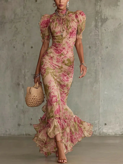 Giulia - Vestido largo con estampado de rosas vintage y mangas abullonadas