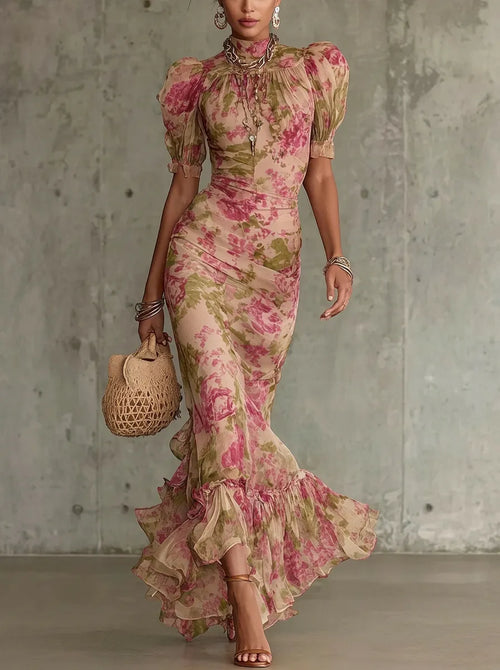 Giulia - Vestido largo con estampado de rosas vintage y mangas abullonadas