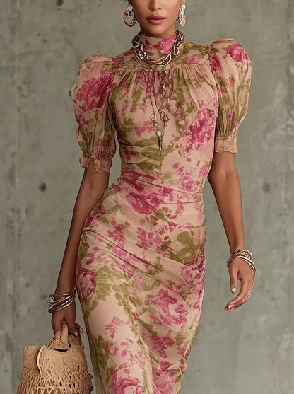Giulia - Vestido largo con estampado de rosas vintage y mangas abullonadas