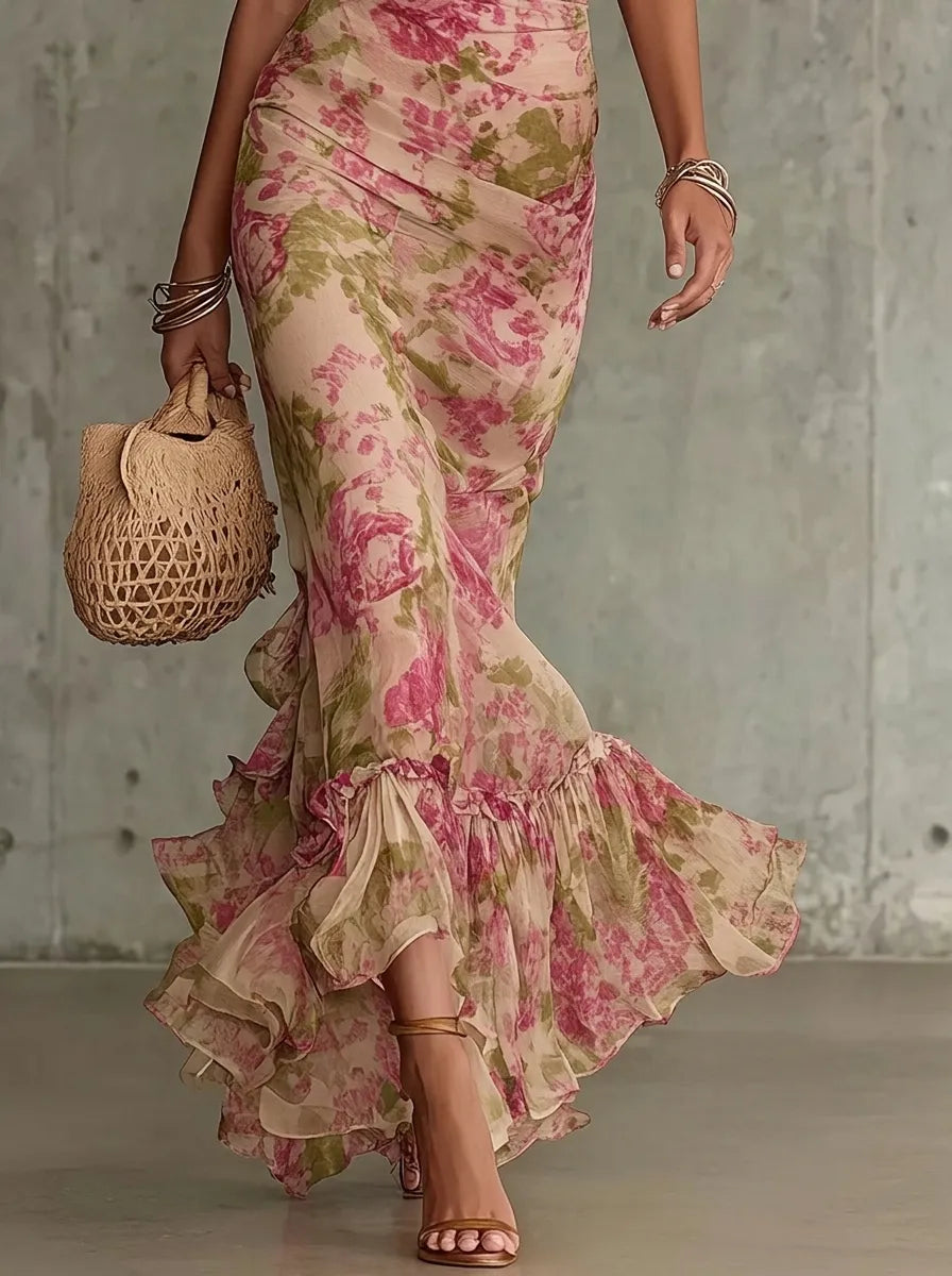 Giulia - Vestido largo con estampado de rosas vintage y mangas abullonadas