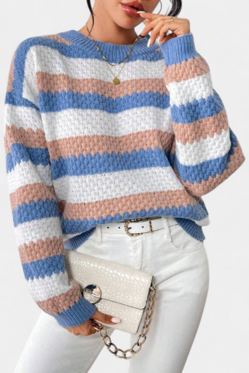 Kristen Jersey Oversized de Cuello Redondo a Rayas