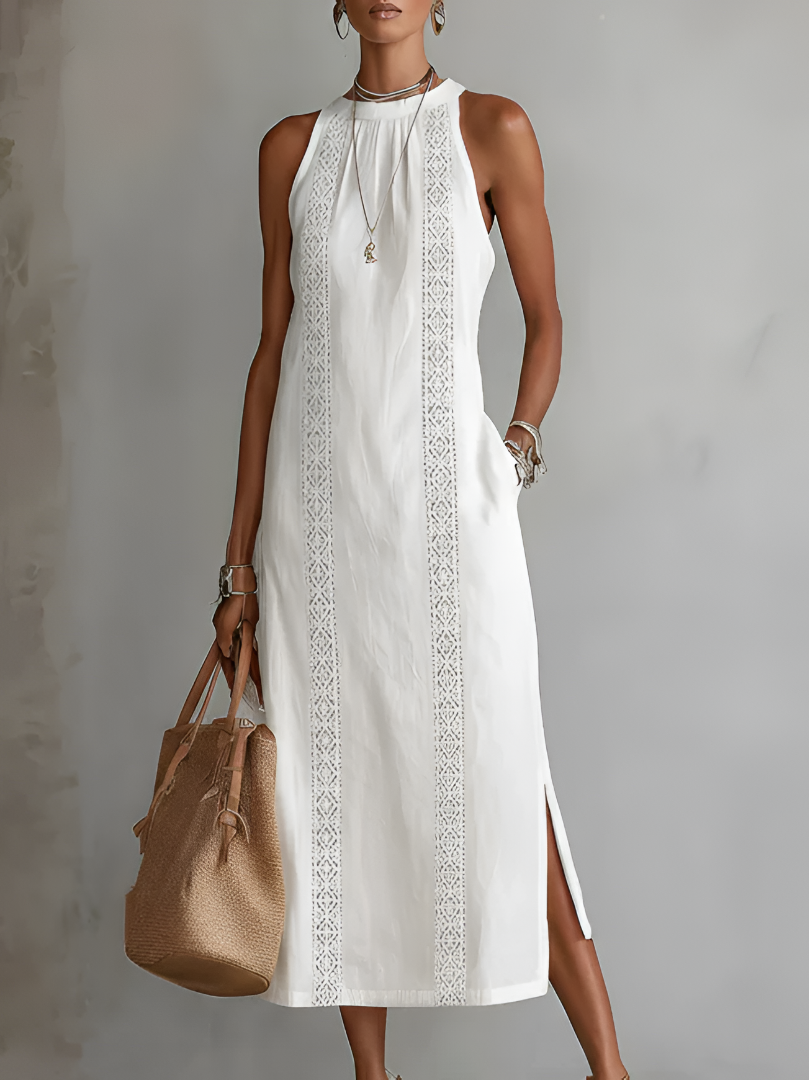 Jimena | Vestido blanco midi de lino con cuello mao