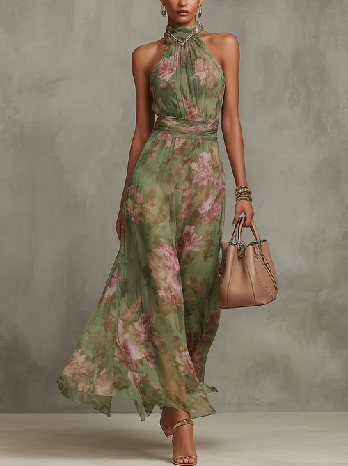Marta | Vestido largo floral en chiffon con escote halter