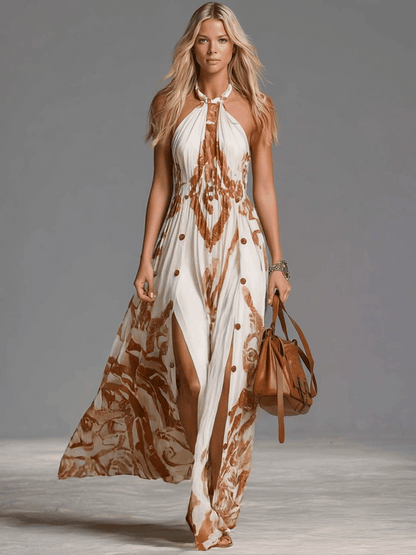 Bea | Vestido largo bohemio vintage con escote halter y abertura