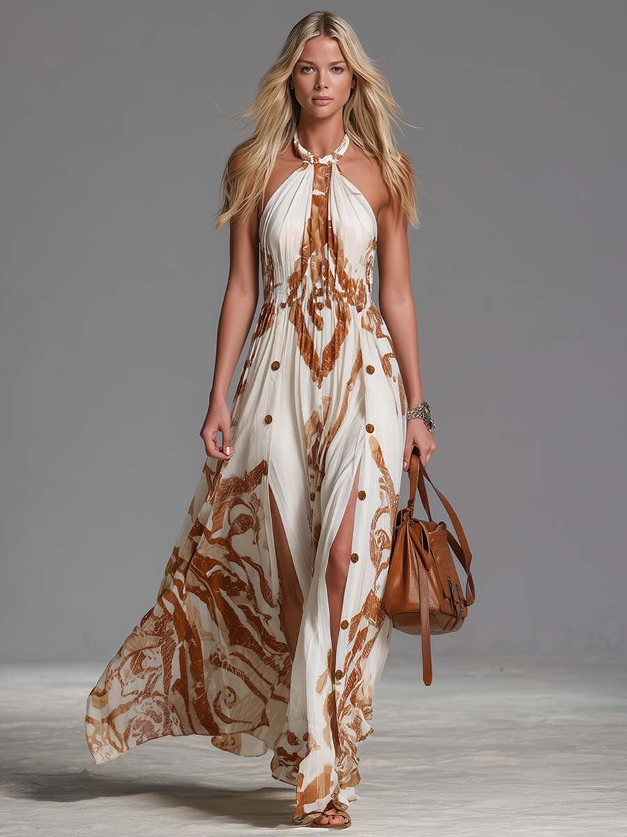 Bea | Vestido largo bohemio vintage con escote halter y abertura