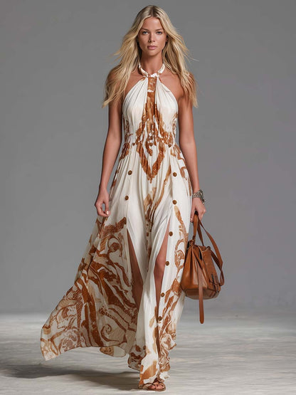 Bea | Vestido largo bohemio vintage con escote halter y abertura