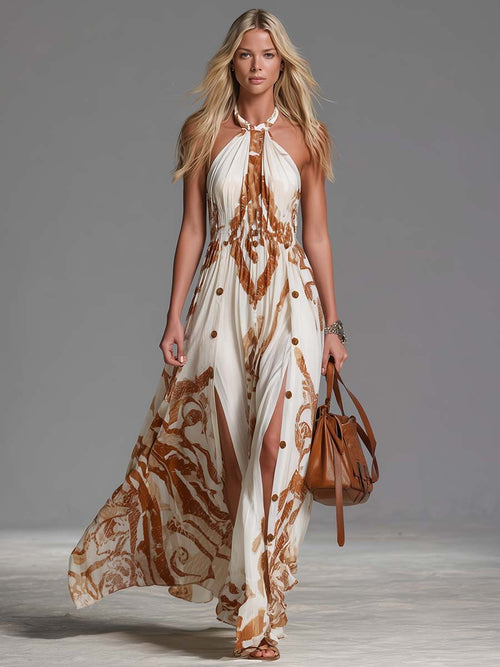 Bea | Vestido largo bohemio vintage con escote halter y abertura