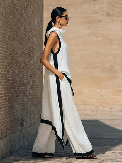 Elegante conjunto de dos piezas de algodón y lino con corte artístico.