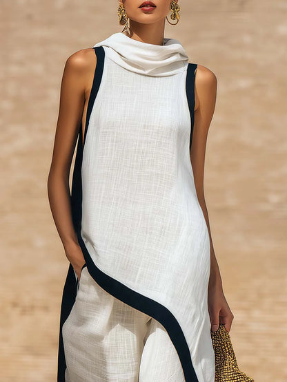 Elegante conjunto de dos piezas de algodón y lino con corte artístico.