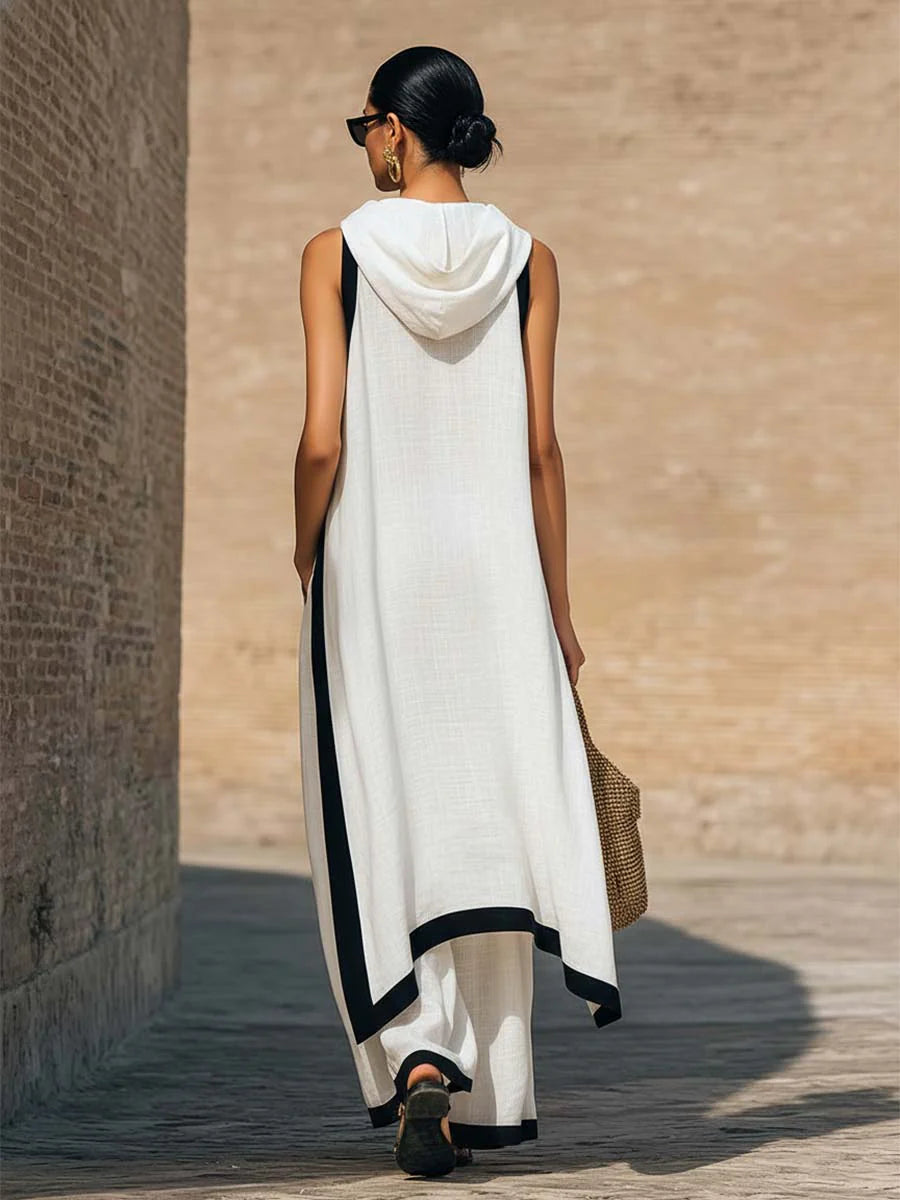 Elegante conjunto de dos piezas de algodón y lino con corte artístico.
