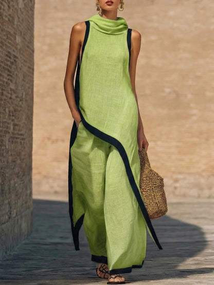 Elegante conjunto de dos piezas de algodón y lino con corte artístico.