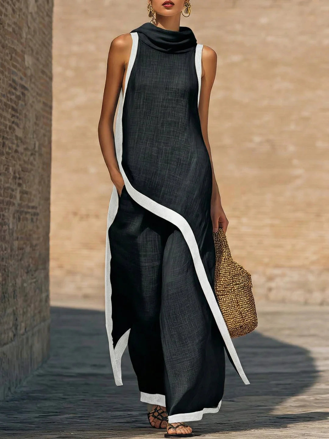 Elegante conjunto de dos piezas de algodón y lino con corte artístico.