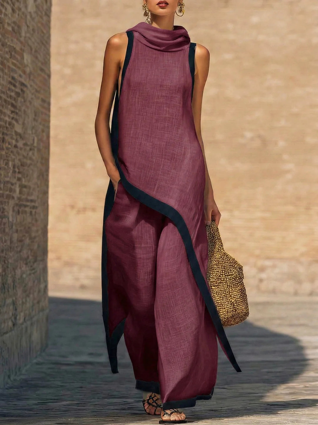 Elegante conjunto de dos piezas de algodón y lino con corte artístico.
