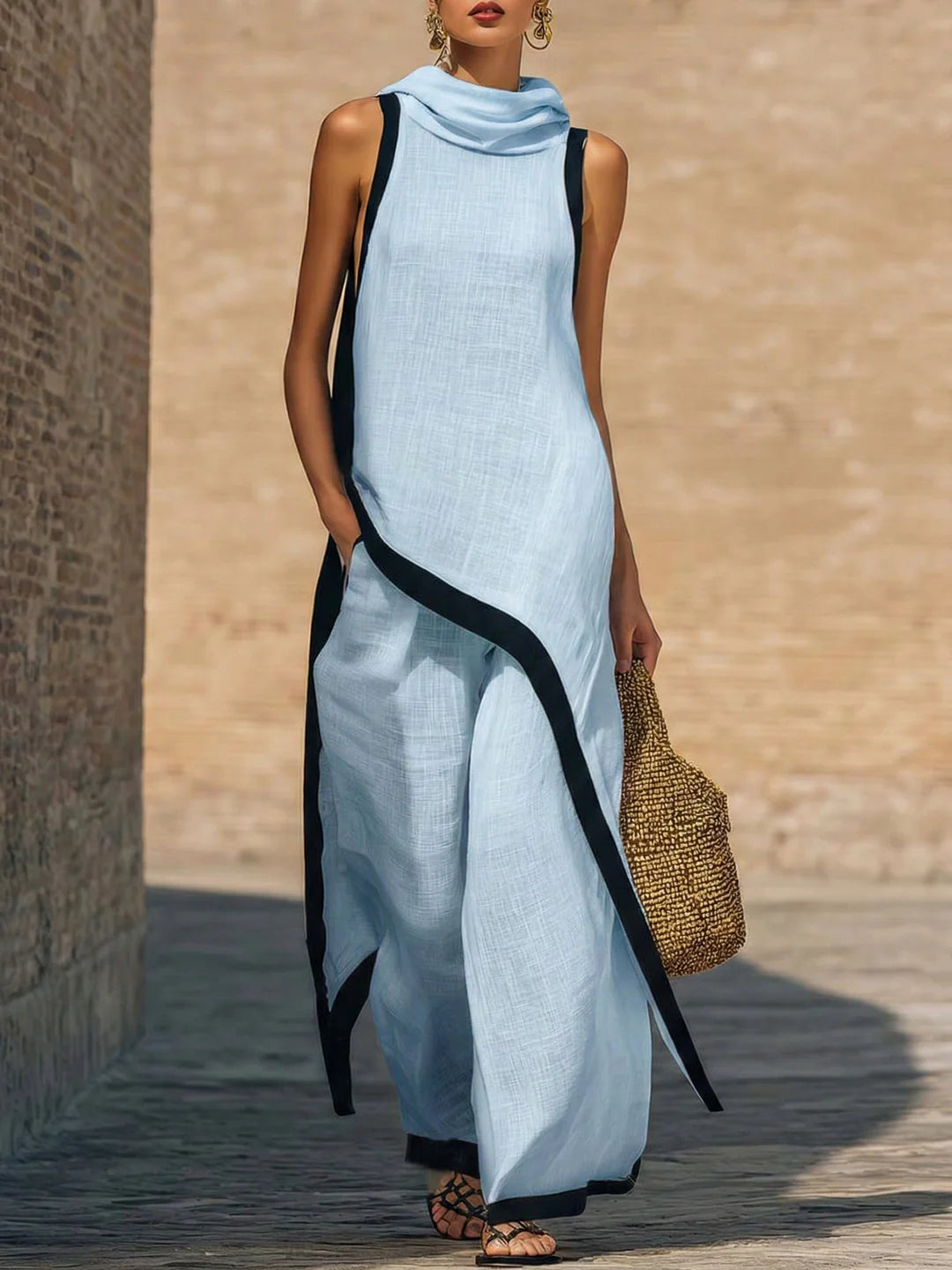 Elegante conjunto de dos piezas de algodón y lino con corte artístico.