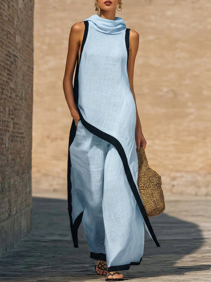 Elegante conjunto de dos piezas de algodón y lino con corte artístico.