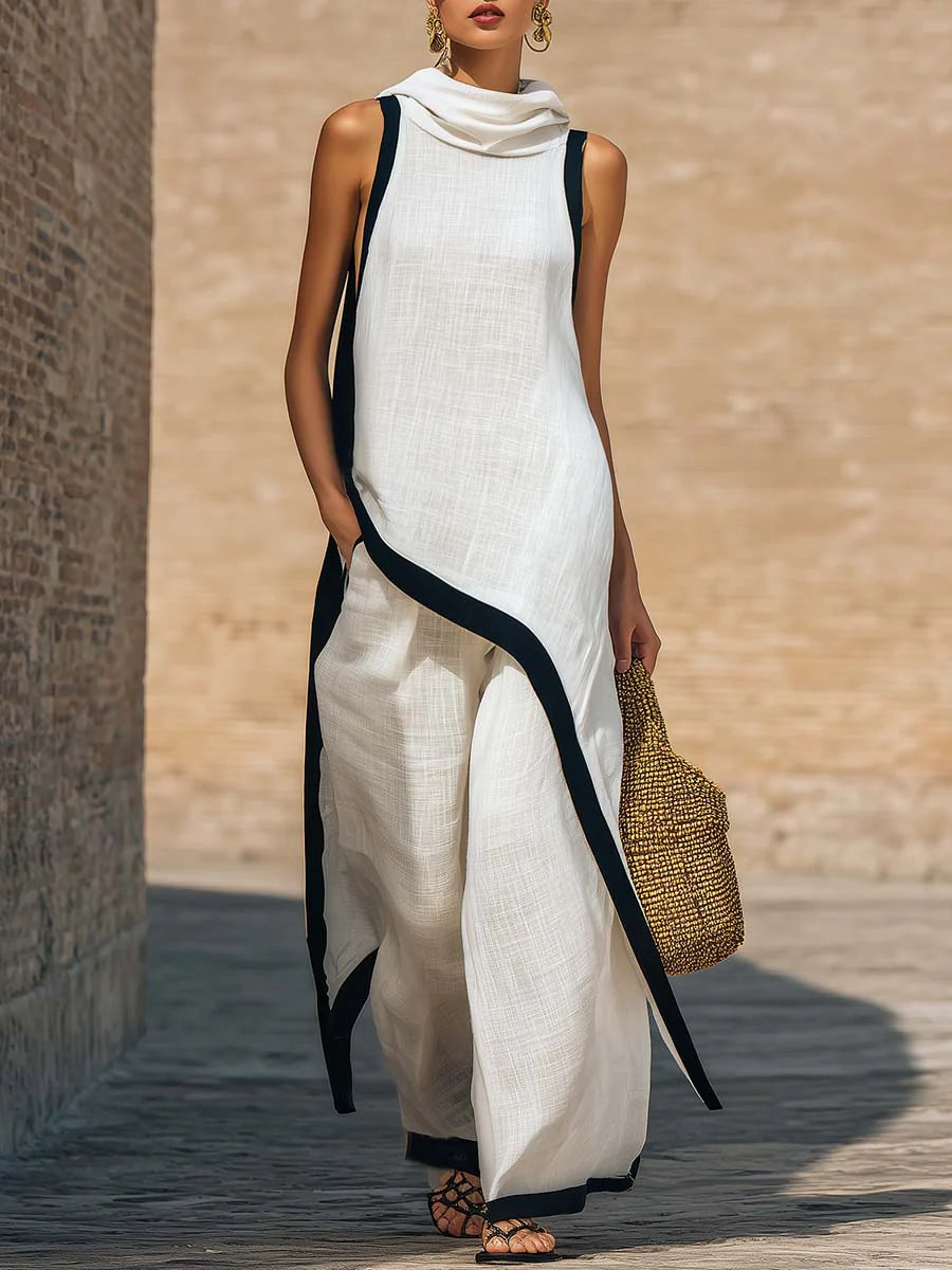 Elegante conjunto de dos piezas de algodón y lino con corte artístico.