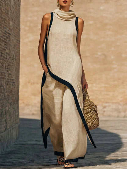 Elegante conjunto de dos piezas de algodón y lino con corte artístico.