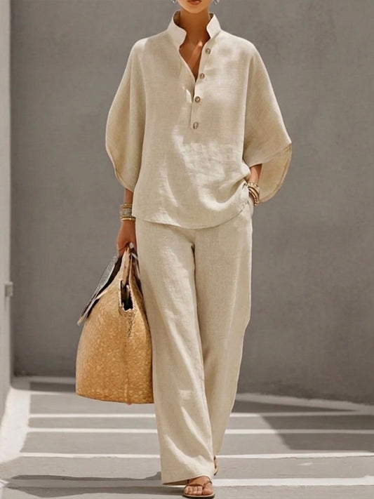 Eszter™ – Conjunto de algodón-lino con mangas de murciélago y pantalones de pierna ancha • S1