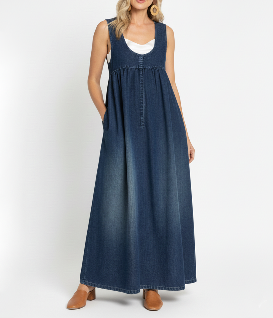 Miranda - Vestido Maxi de Denim Lavado Vintage con Sensación de Algodón Suave