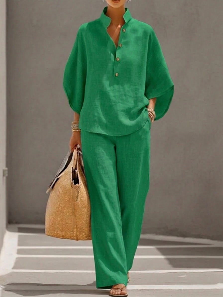 Eszter™ – Conjunto de algodón-lino con mangas de murciélago y pantalones de pierna ancha • S1