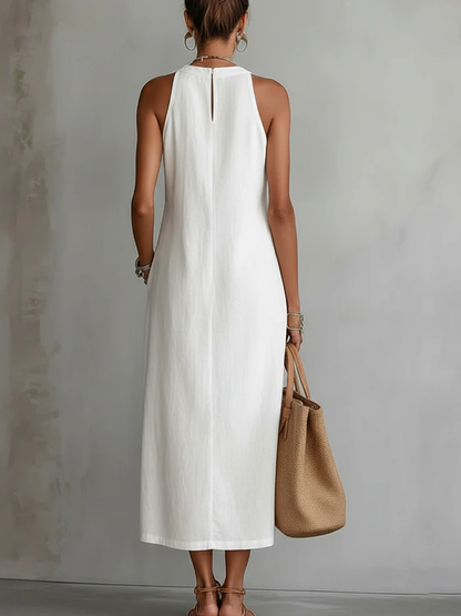 Jimena | Vestido Midi de Lino con Cuello Chino