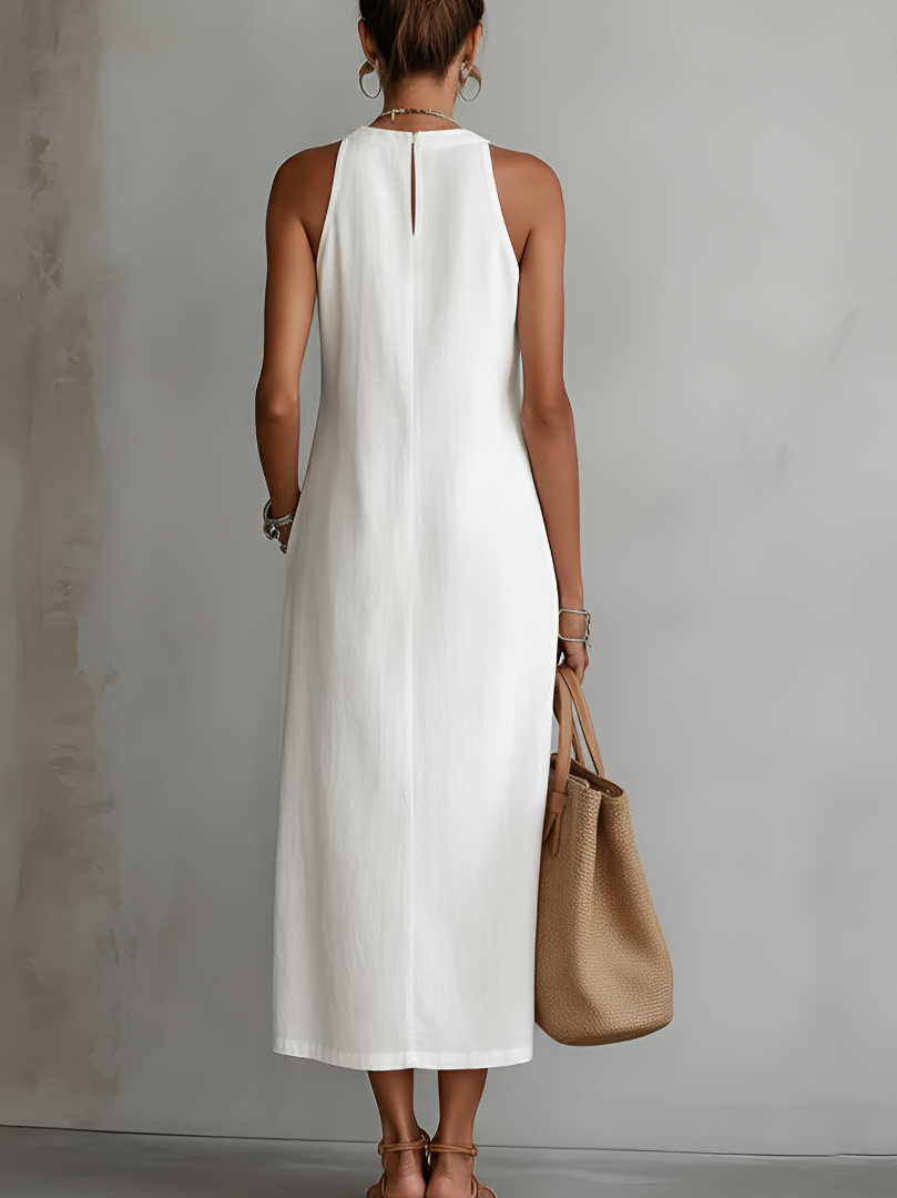 Jimena | Vestido blanco midi de lino con cuello mao