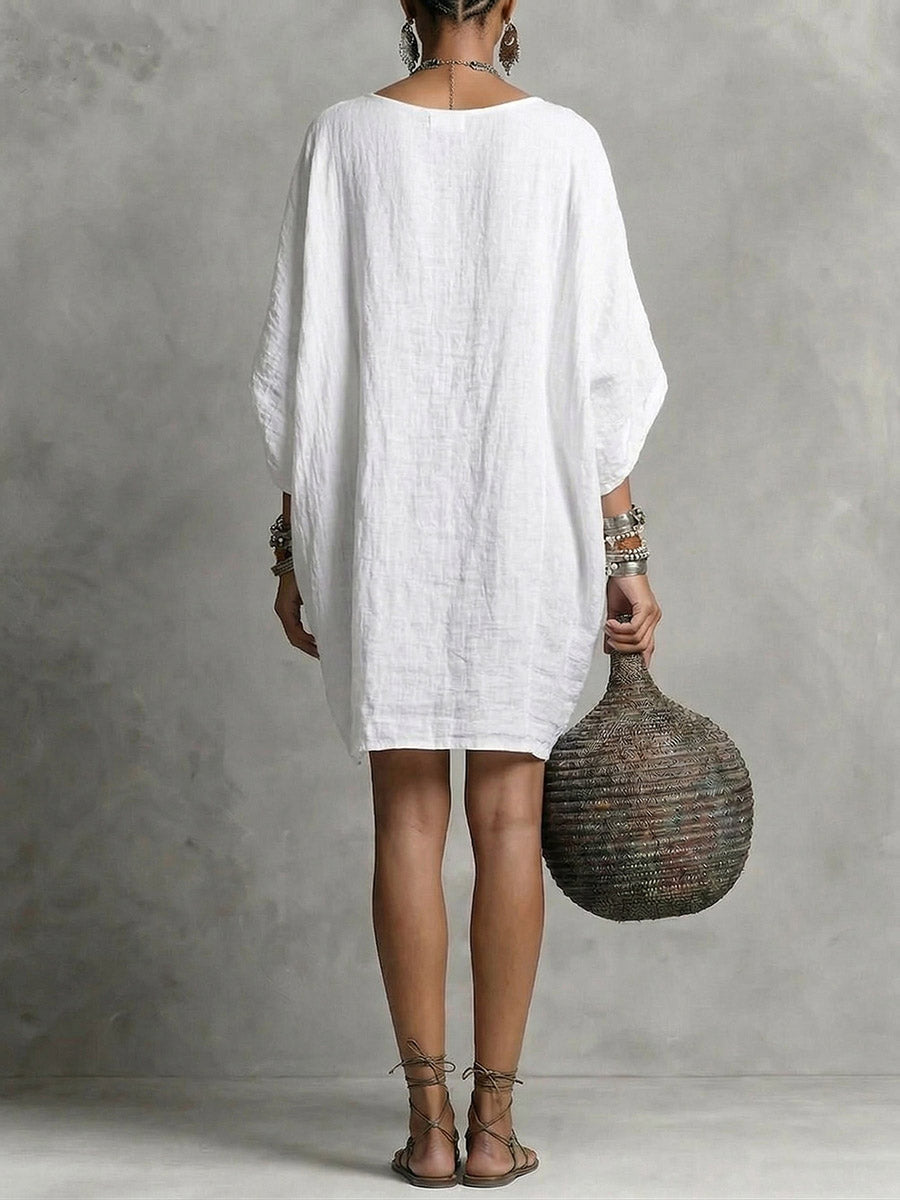 Teresa | Vestido corto fluido de algodón con cuello caído y manga amplia