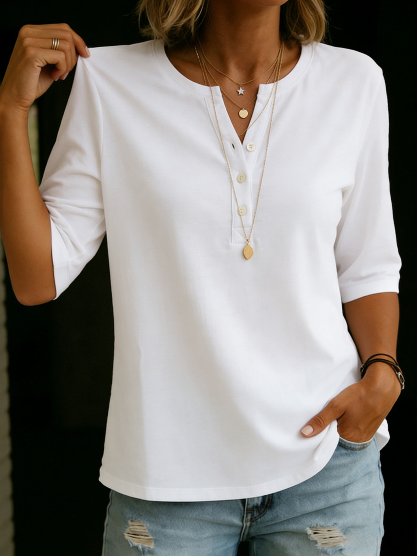 Camiseta clásica de cuello Henley 100% algodón