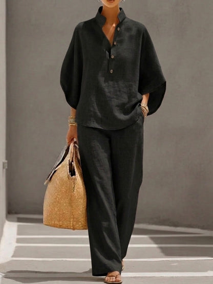 Eszter™ – Conjunto de algodón-lino con mangas de murciélago y pantalones de pierna ancha • S1