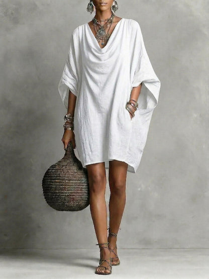 Teresa | Vestido corto fluido de algodón con cuello caído y manga amplia