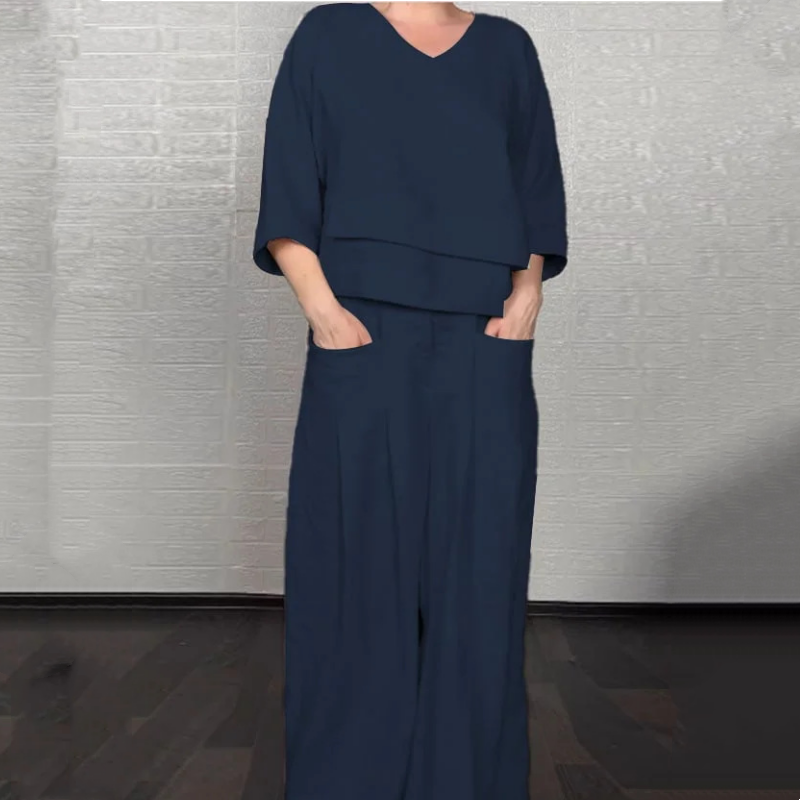 Liza | Conjunto de algodón-lino de 2 piezas – Top de cuello en V y pantalones de pierna ancha • S1