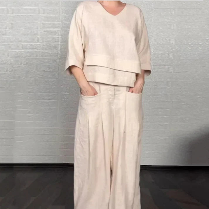 Liza | Conjunto de algodón-lino de 2 piezas – Top de cuello en V y pantalones de pierna ancha • S1