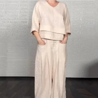 Liza | Conjunto de algodón-lino de 2 piezas – Top de cuello en V y pantalones de pierna ancha • S1